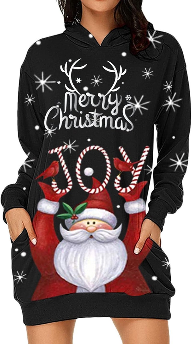 woobles Hoodie Dress, Womens Hoodie Dress Christmas Pattern Print Polyester Casual for Shopping - Image 5